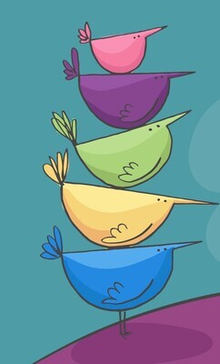 birds creative unique artistic pink blue green yellow orange purple birdcage leaf leaves ivy fly flying sweet cute pretty 