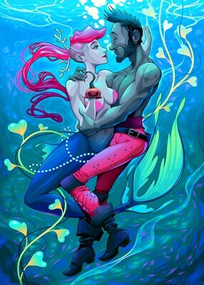mermaid pirate love lovers underwater ocean sea teal turquoise pink magenta yellow black hearts seaweed 