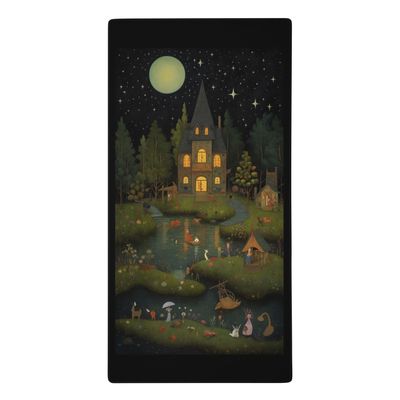 features a house situated near a winding river in the forest on a starry moonlit night surrounded by weird creatures of all kinds