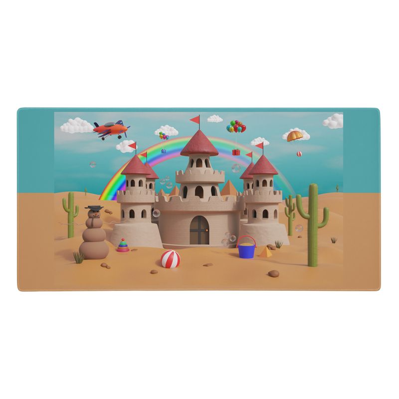 Features a perfectly-constructed sandcastle with many whimsical things going on all around. Your kiddo(s) can add their toys to this eccentric scene