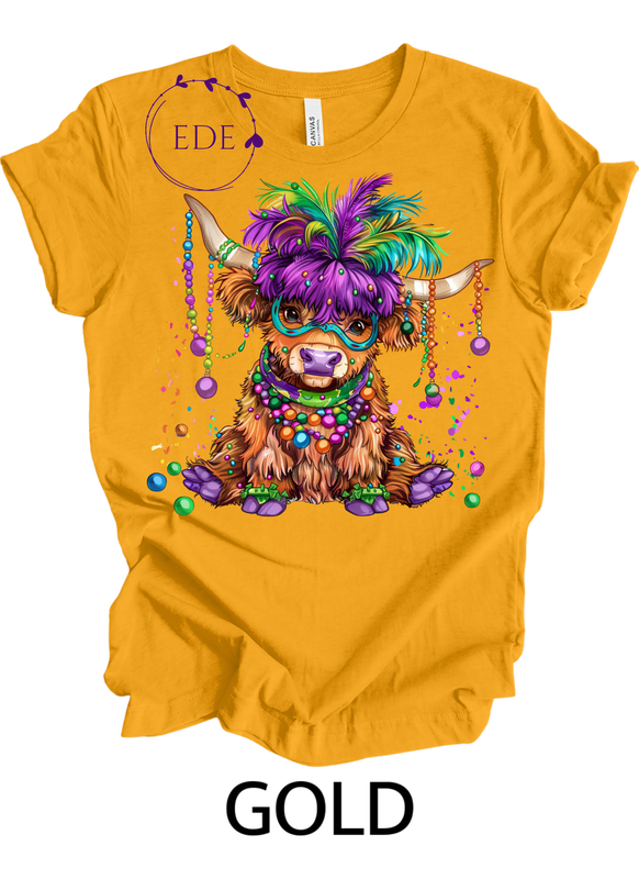 Mardi Gras Highland Cow Short Sleeve Shirt-Adult