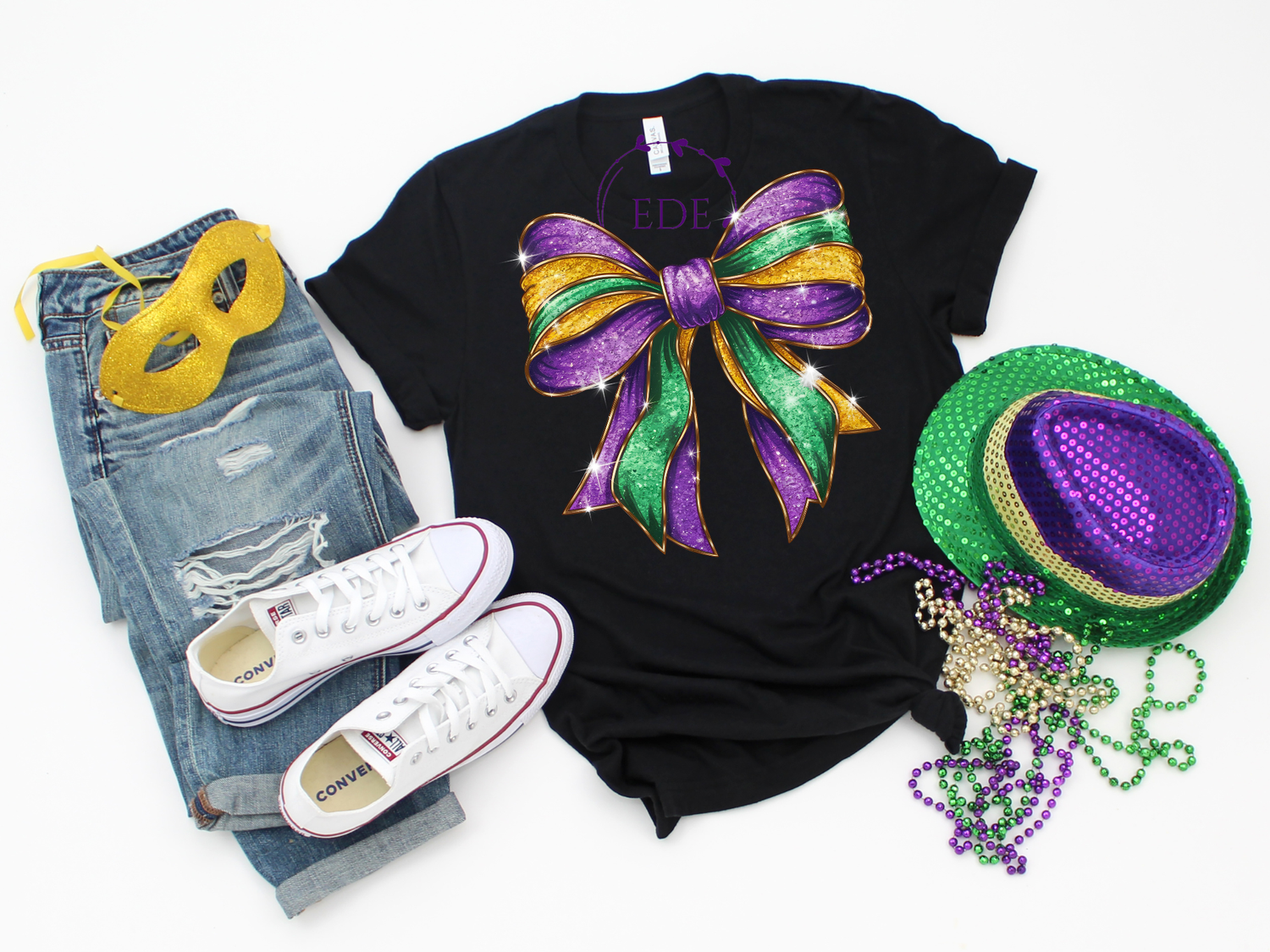 Mardi Gras Tri-Color Bling Bow Short Sleeve Shirt-Adult