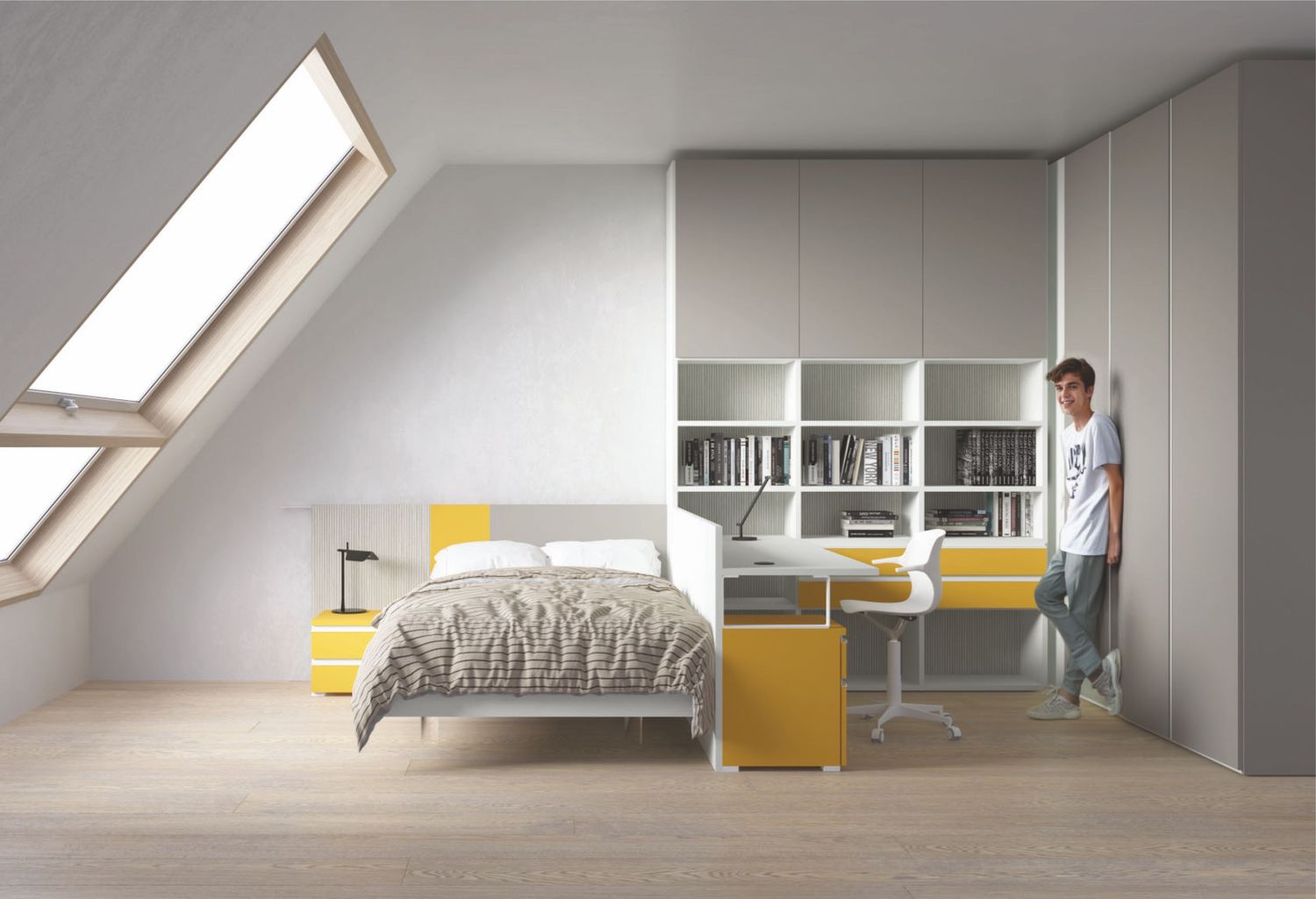 Cameretta moderna con armadio, libreria, letto e zona studio - Proposta 003