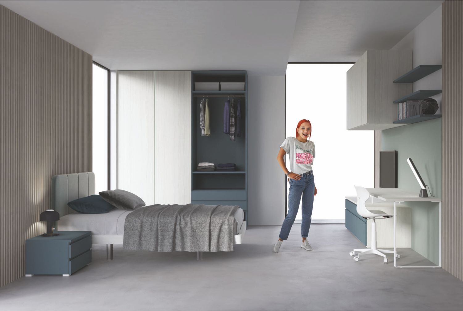 Cameretta moderna con armadio, letto e zona studio - Proposta 002