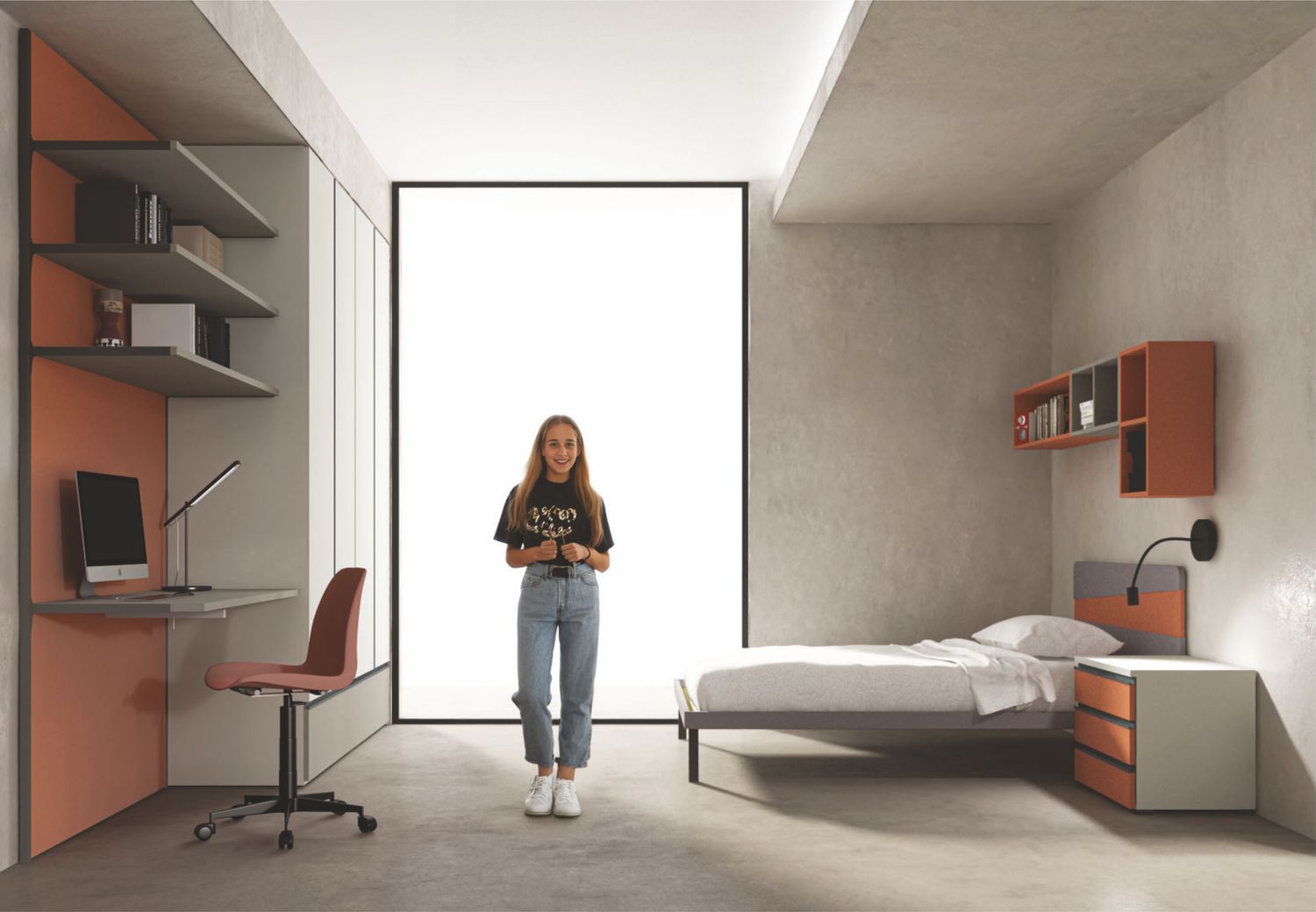 Cameretta moderna con armadio, letto e zona studio - Proposta 004