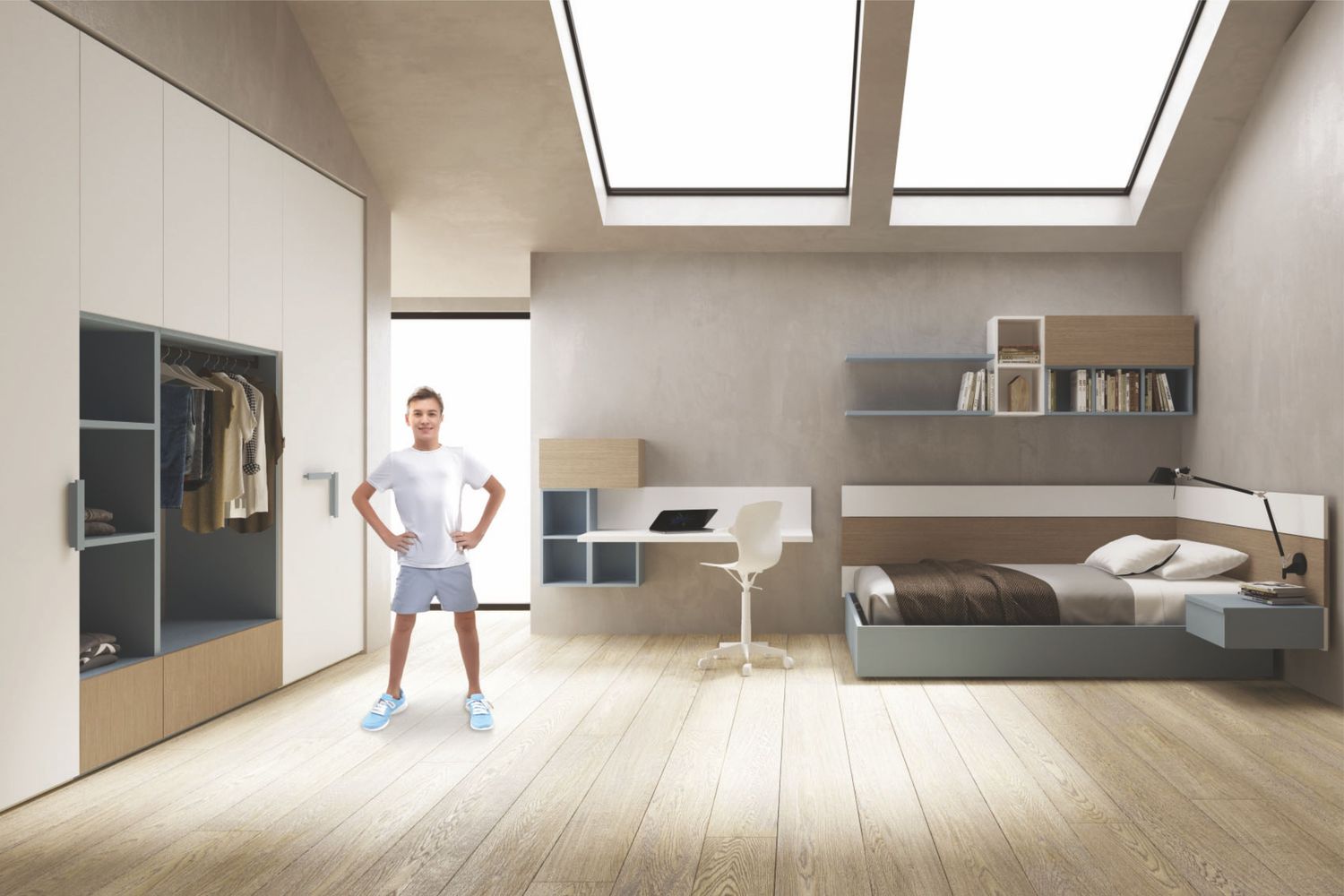 Cameretta moderna con armadio, letto e zona studio - Proposta 001