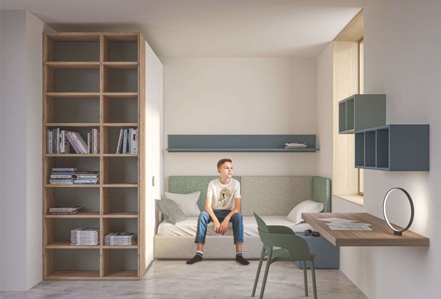 Cameretta moderna con armadio, libreria, letto e zona studio - Proposta 005