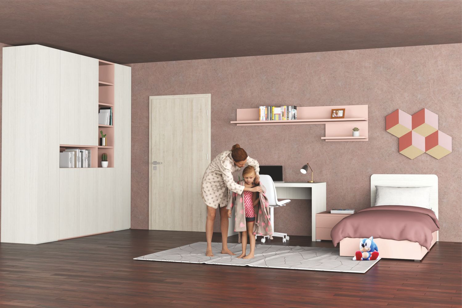 Cameretta moderna con armadio, letto e zona studio - Proposta 007