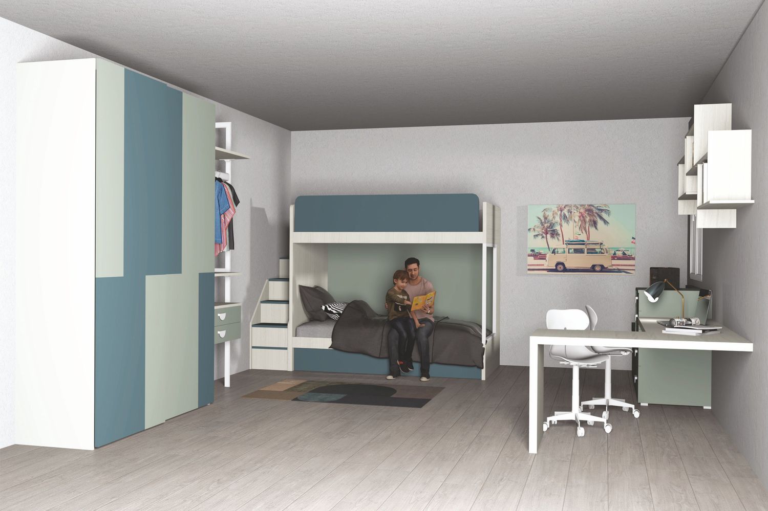 Cameretta moderna con armadio, letto e zona studio - Proposta 008