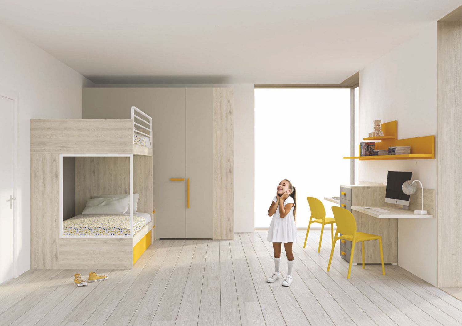 Cameretta moderna con armadio, letto e zona studio - Proposta 009