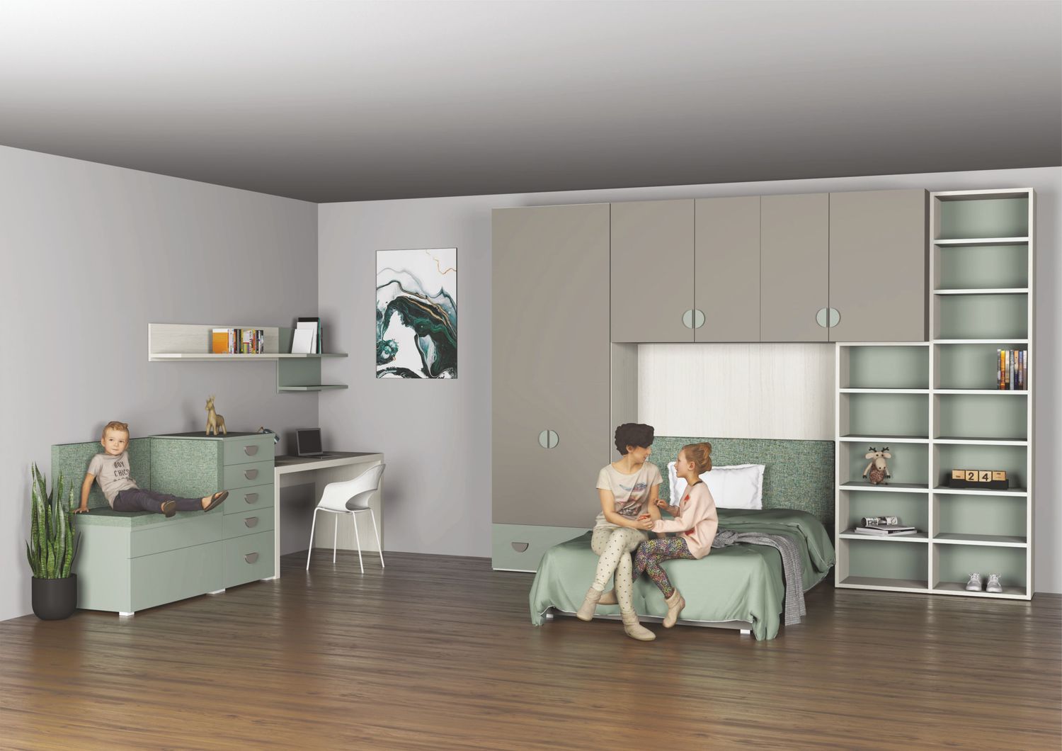 Cameretta moderna con armadio, letto e zona studio - Proposta 010