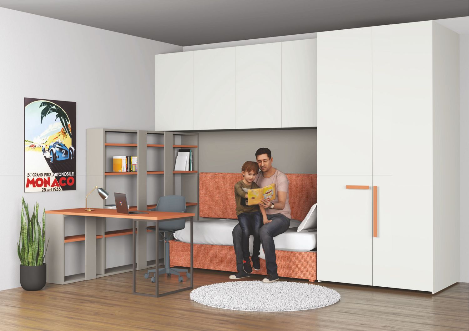 Cameretta moderna con armadio, letto e zona studio - Proposta 011