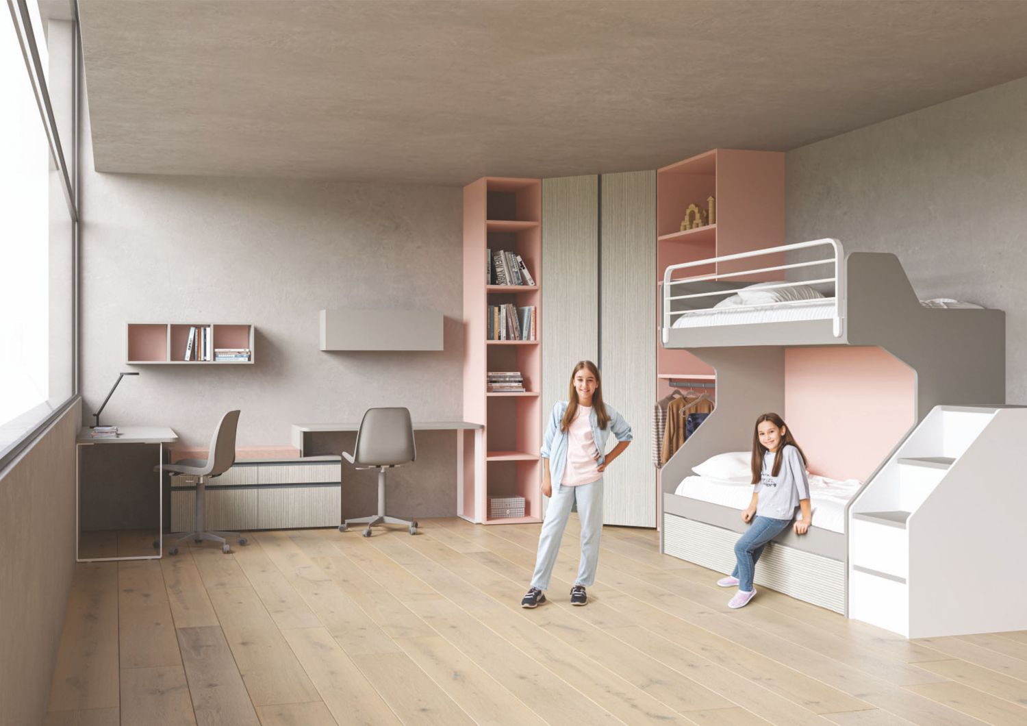 Cameretta moderna con armadio, letto a castello e zona studio - Proposta 015
