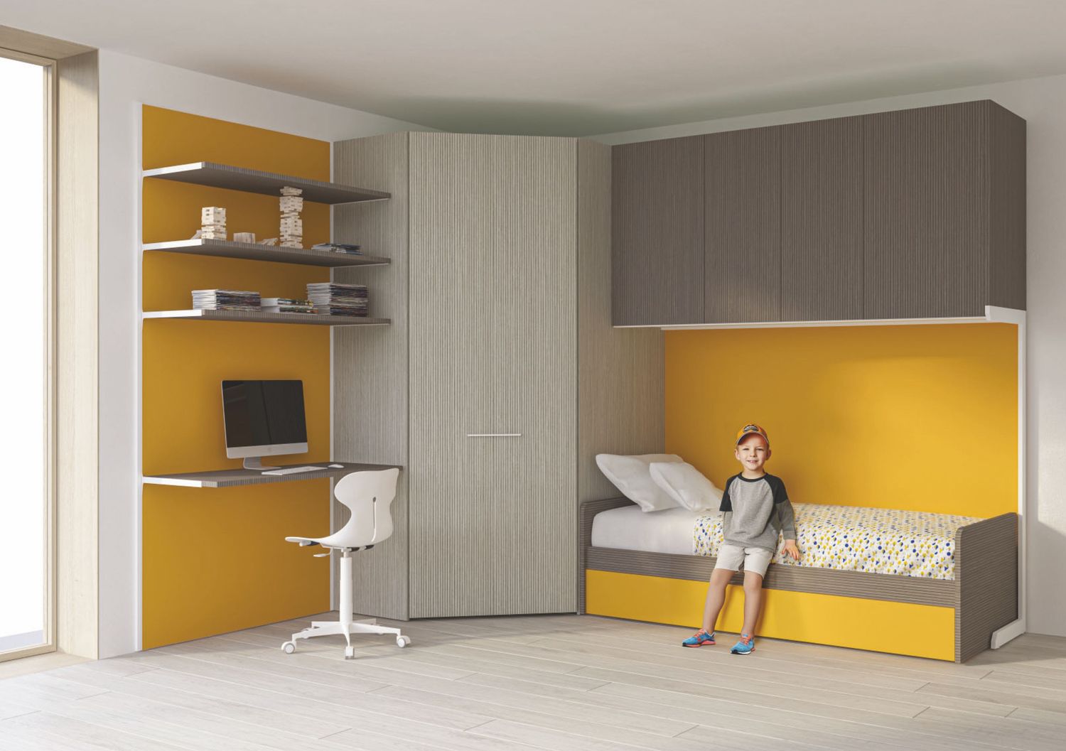 Cameretta moderna con armadio, letto e zona studio - Proposta 016