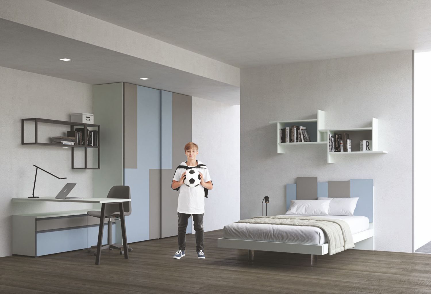 Cameretta moderna con armadio, letto e zona studio - Proposta 017