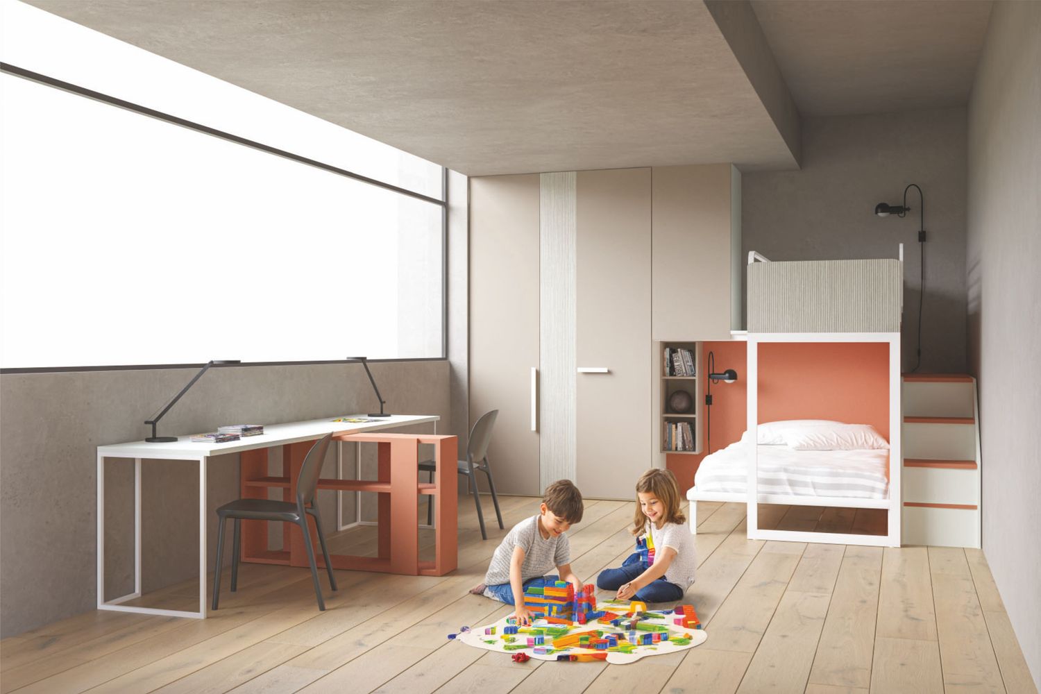 Cameretta moderna con armadio, letto e zona studio - Proposta 018