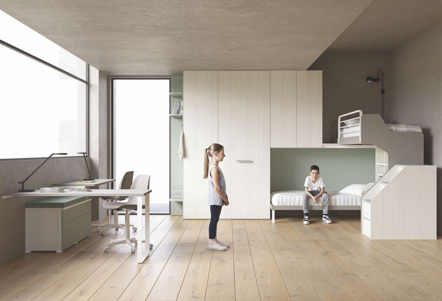 Cameretta moderna con armadio, letto e zona studio - Proposta 019