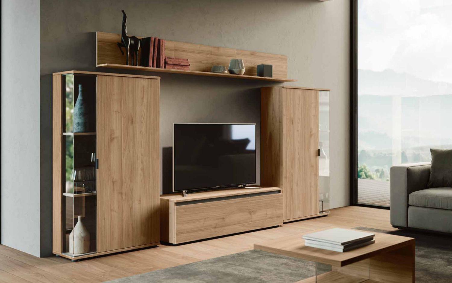 Parete attrezzata Imab Group Soggiorno 09 in Noce Biondo con base TV e vetrine fumé