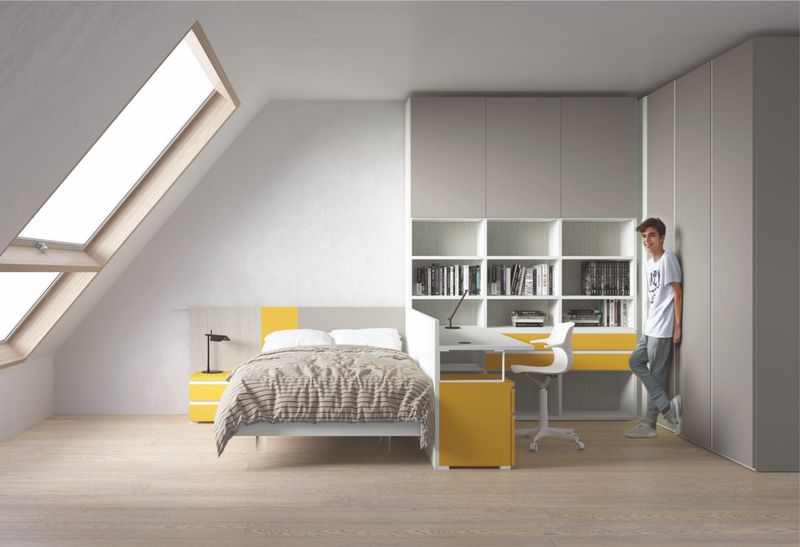 Cameretta moderna con armadio, libreria, letto e zona studio - Proposta 003