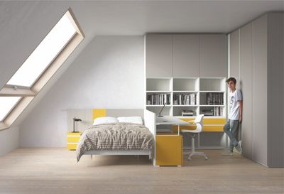 Cameretta moderna con armadio, libreria, letto e zona studio - Proposta 003