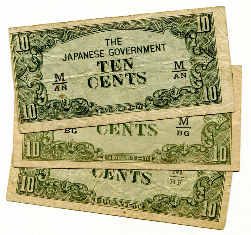 Malaya 10 Cents x 3 notes - M-BG; M-BF; M-AN