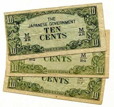 Malaya 10 Cents x 3 notes - M-BG; M-BF; M-AN