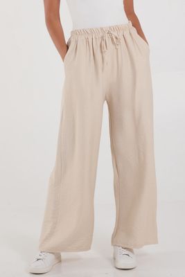 CREPE ELASTIC WAIST WIDE LEG TROUSERS