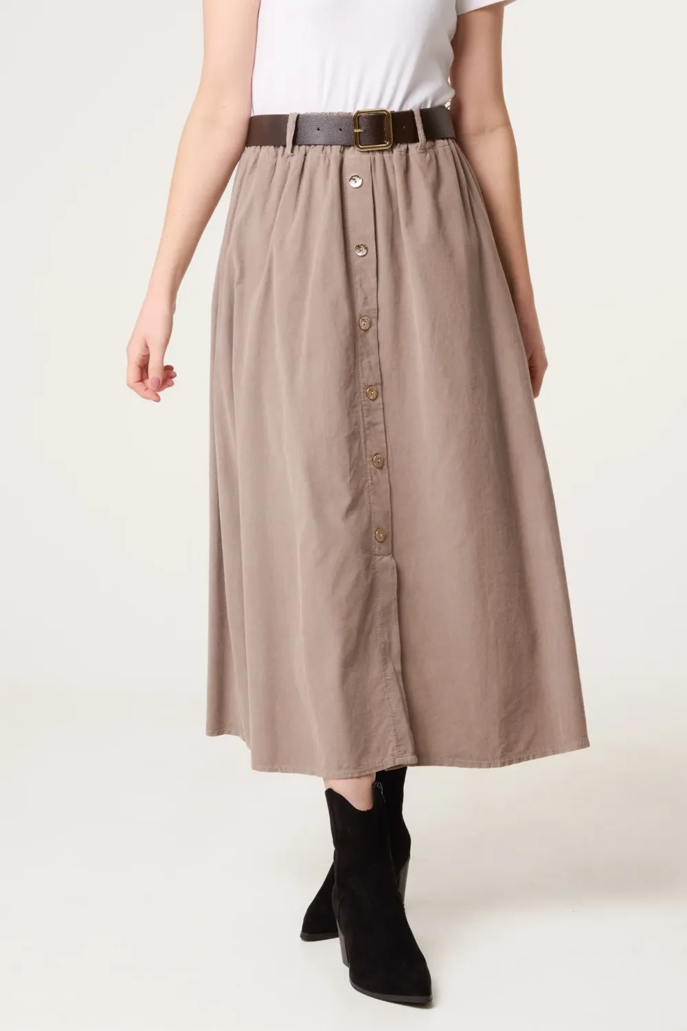 Casual Corduroy Belted Midi Skirt