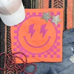 Checkered Happy Face Graphic Tee, Colour: Orange, Size: Small