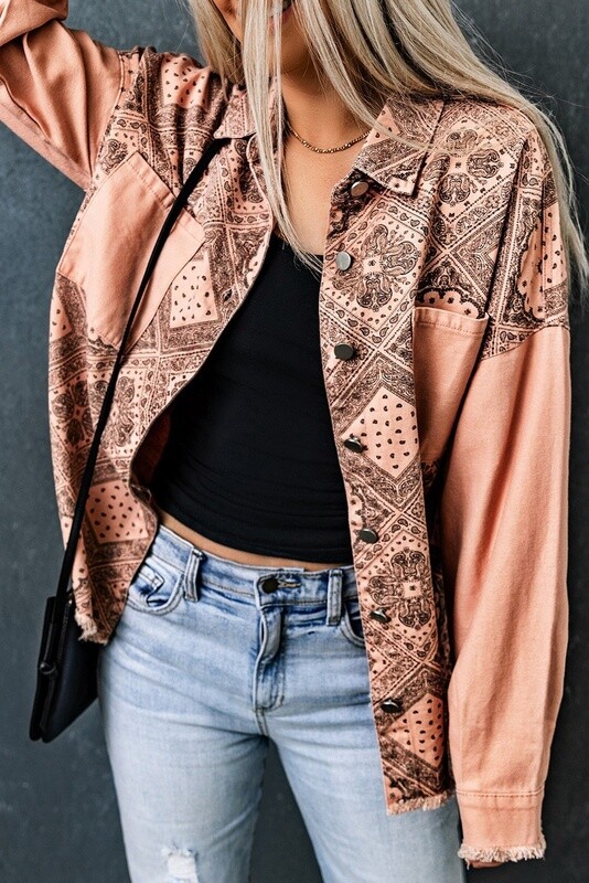 Geometric Print Ripped Shirt Jacket with Pockets