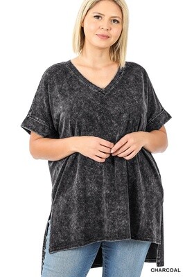Mineral Wash Rolled Short Sleeve V-Neck Top