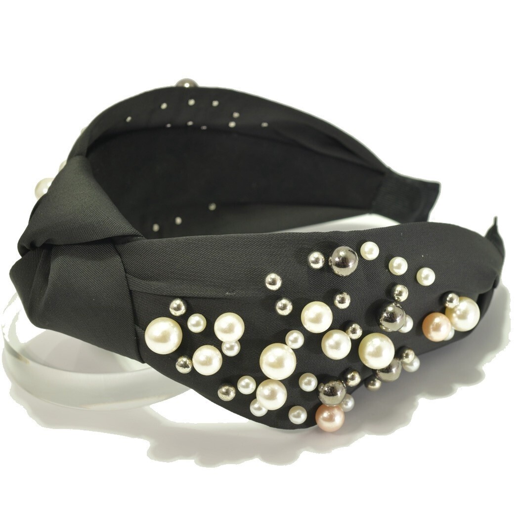 Multi Pearl Accent knot headband, Colour: Black
