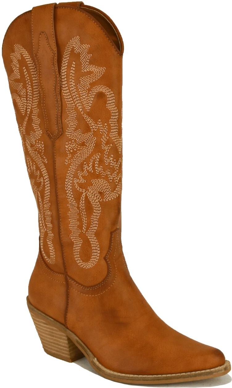 WOMEN POINTY TOE CHUNKY HEEL COWBOY BOOTS ADELA-02, Size: 5.5, Colour: Camel