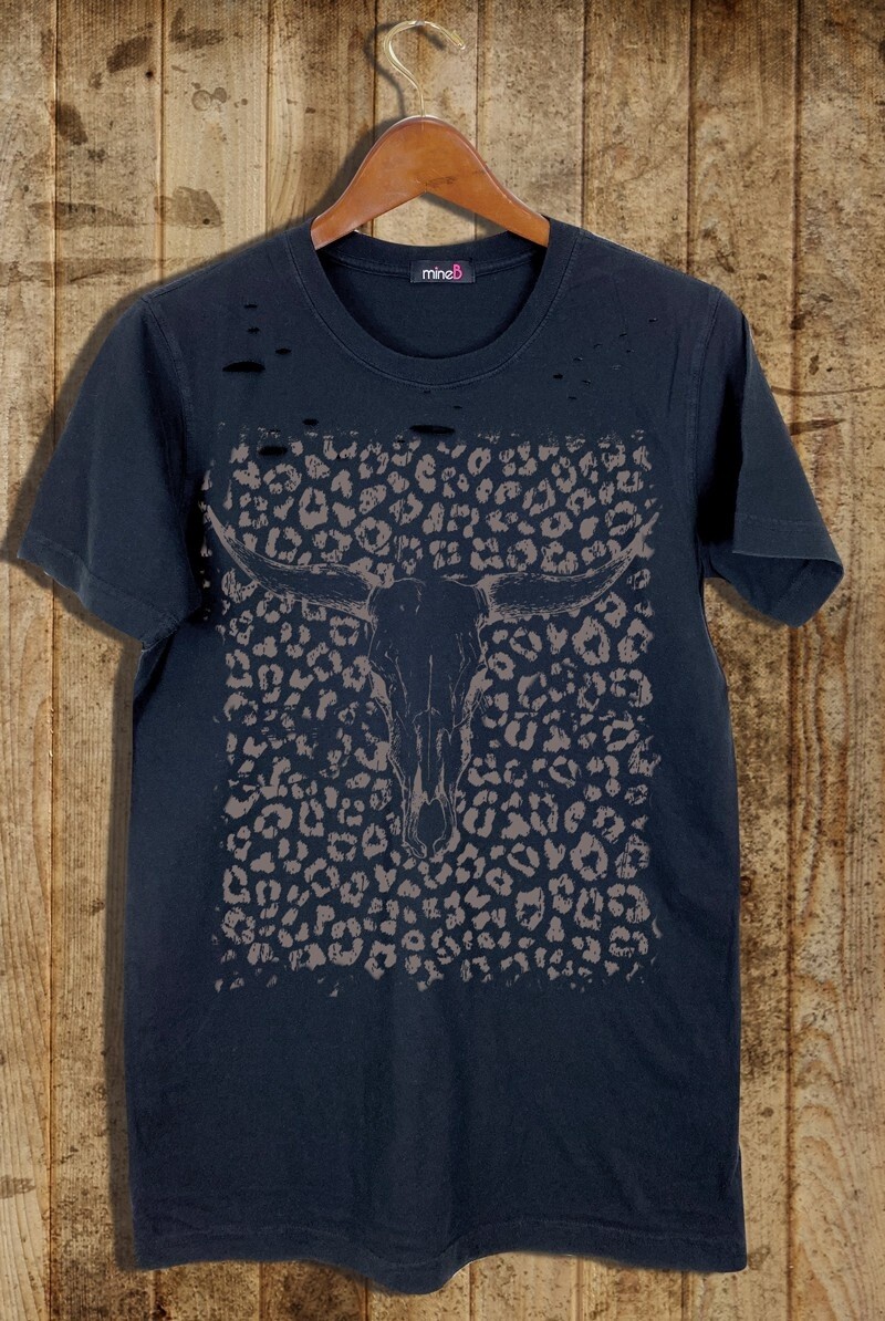 BULL SKULL LEOPARD PATTERN DISTRESSED CUT TOP, Size: Small, Colour: Black