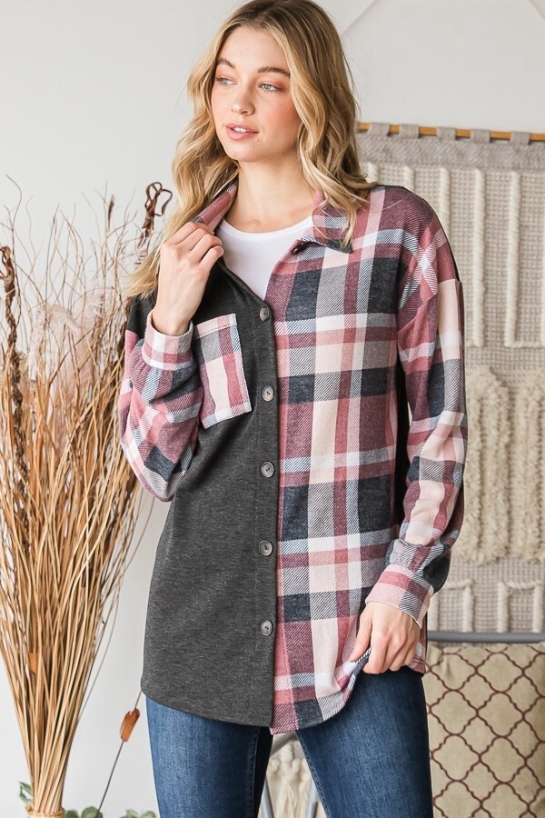 BASIC COLLAR SOLID AND PLAID SHACKET