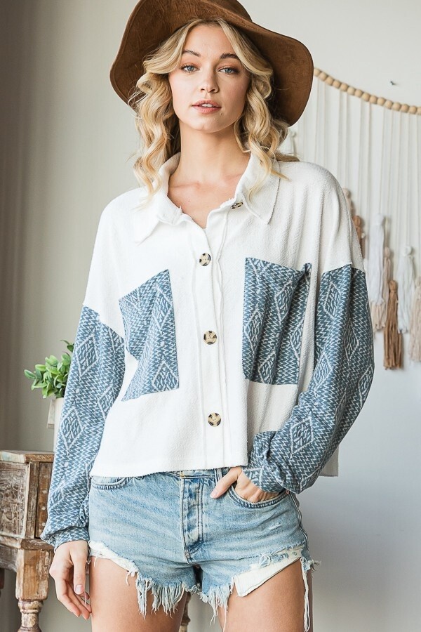 Paisley Print Contrast Button Up Shacket, Colour: White/Aztec Teal, Size: Small
