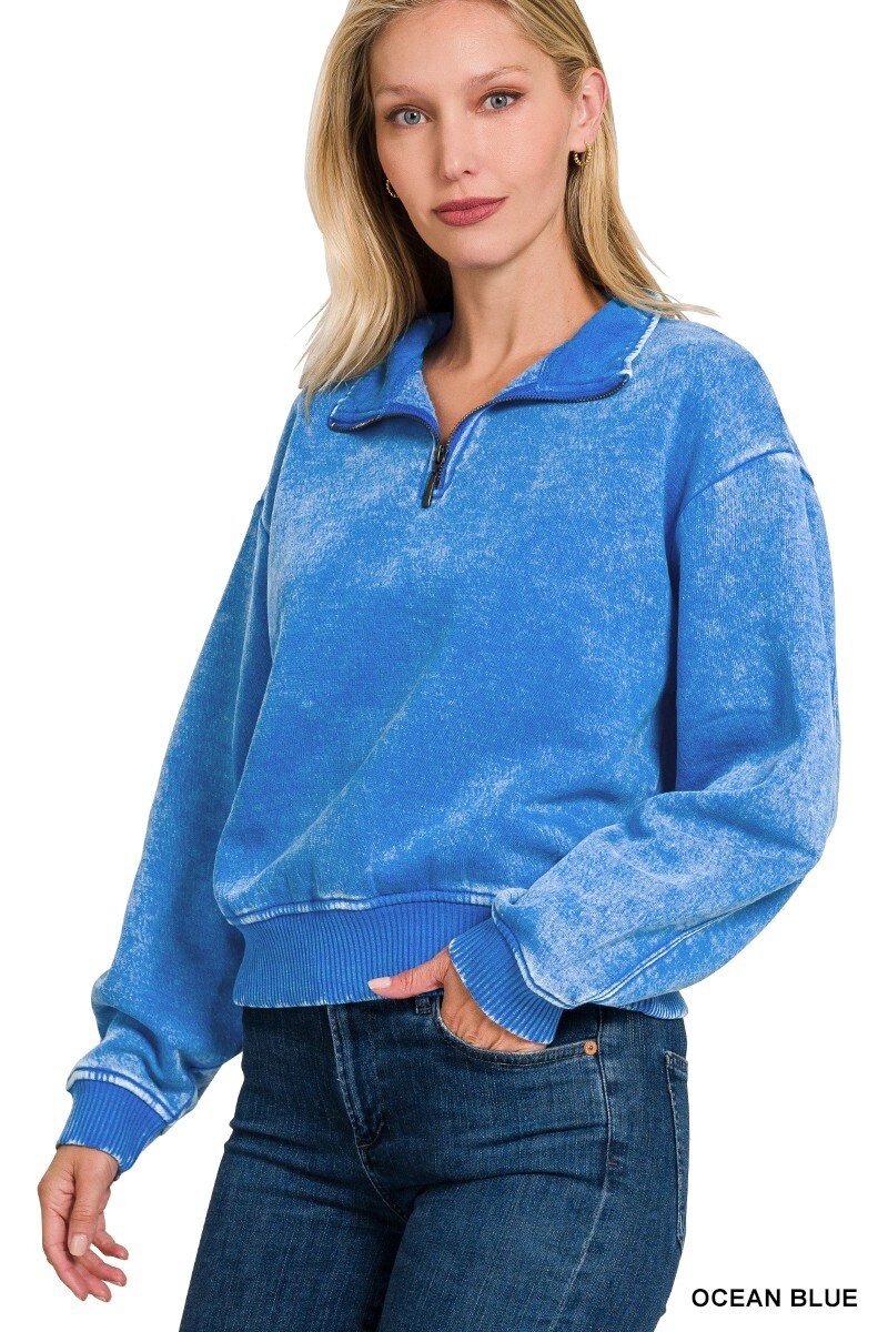 ACID WASH FLEECE HALF ZIP PULLOVER, Colour: Ocean Blue, Size: SMALL