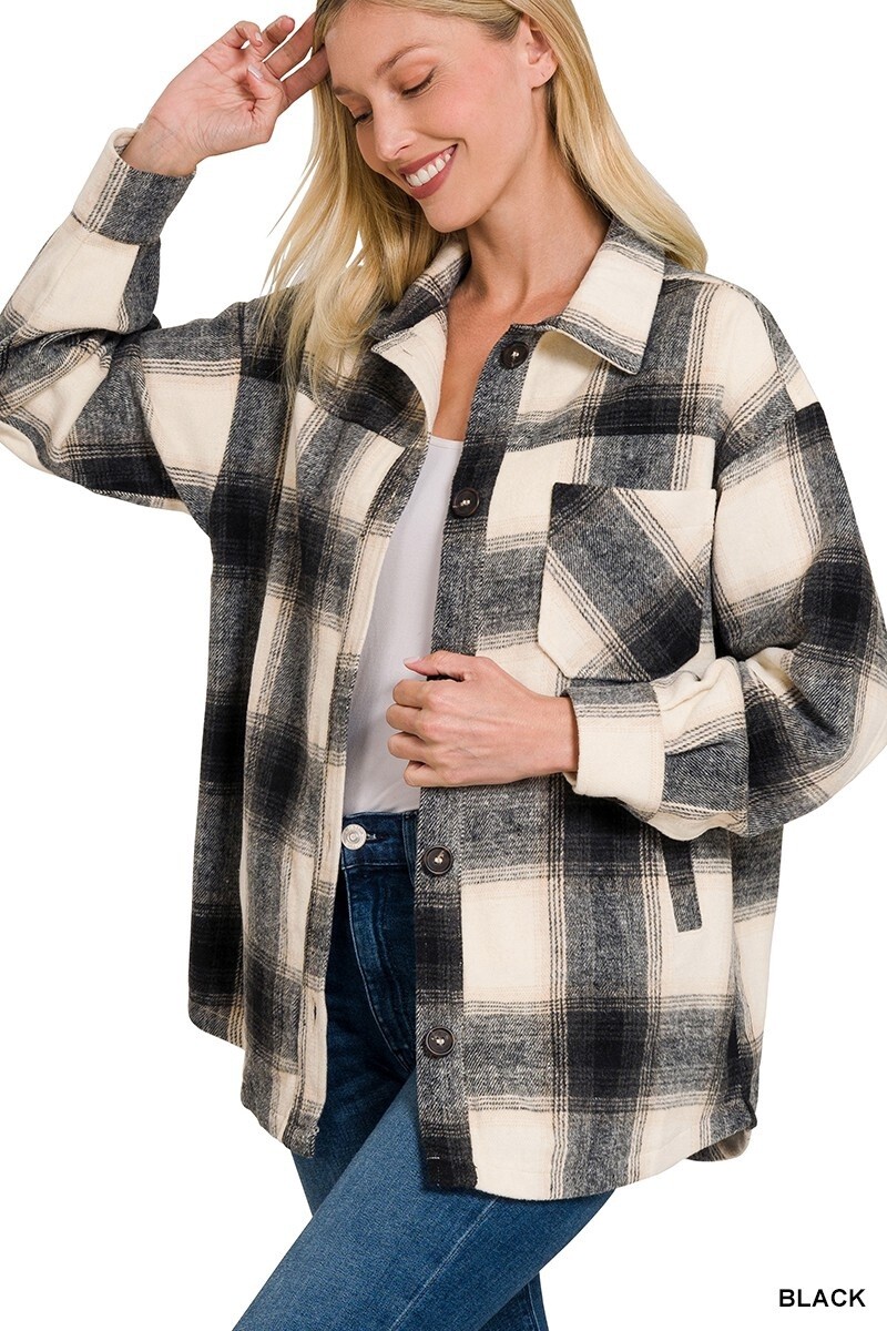 OVERSIZED YARN DYED PLAID LONGLINE SHACKET, Size: Small, Colour: Black