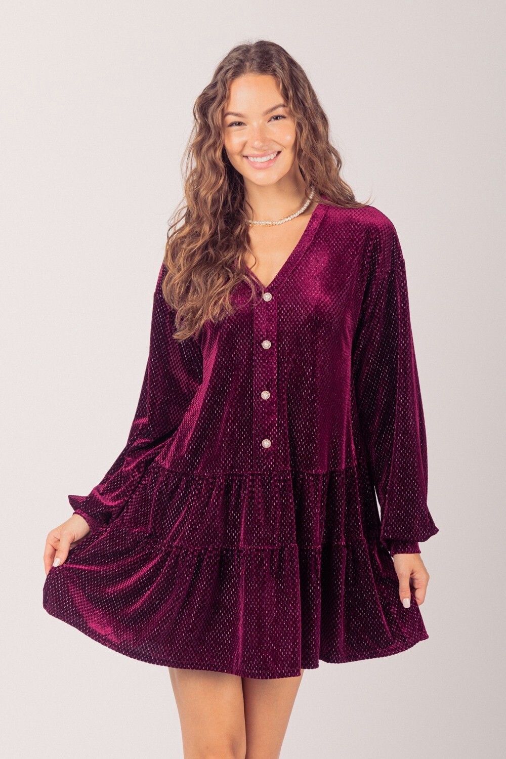 Tiered Textured Woven Holiday Velvet Mini Dress, Size: Small, Colour: Burgundy