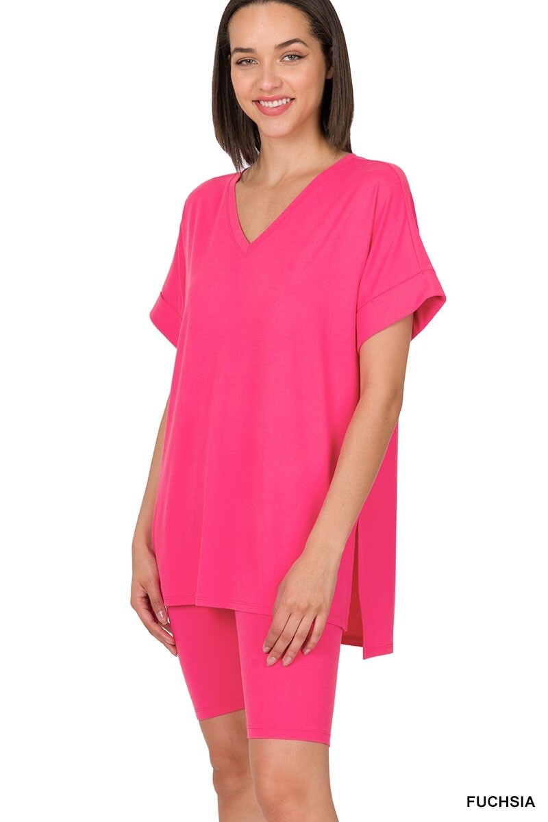 Brushed DTY Microfiber VNeck Top &amp; Biker Shorts Set, Colour: Fuschia, Size: Small