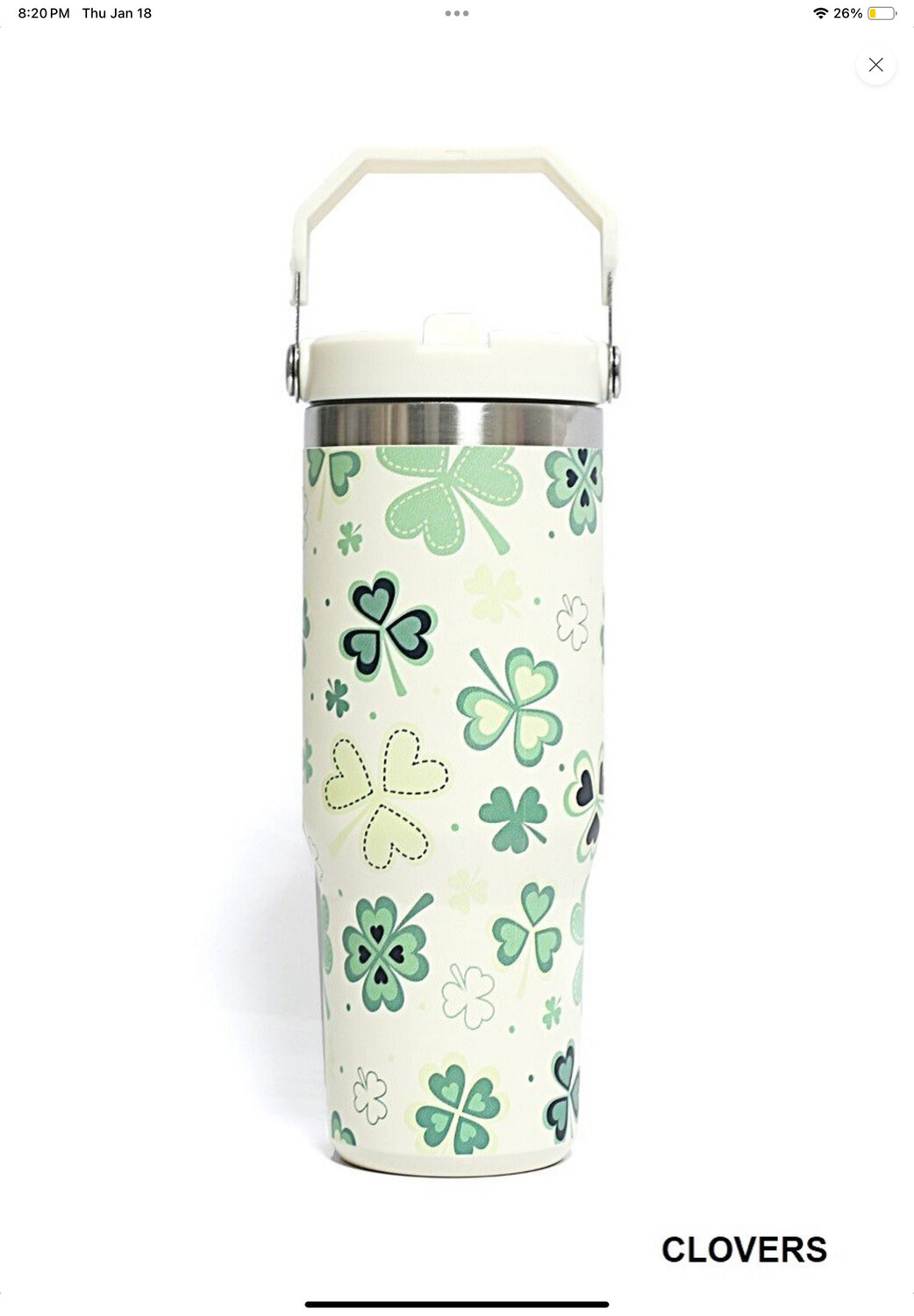 3D UV Printed 30oz Stainless Steel Straw Tumbler, Colour: Clovers