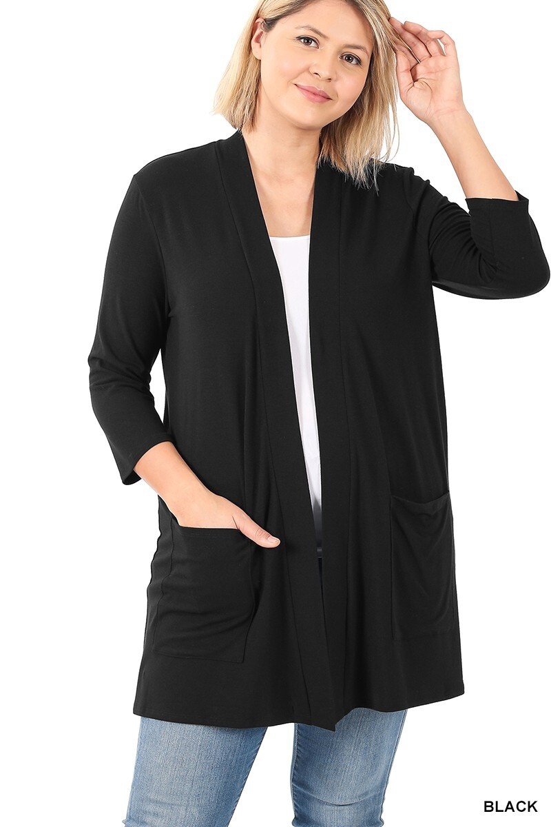 PLUS SLOUCHY POCKET OPEN CARDIGAN, Size: 1X, Colour: Black