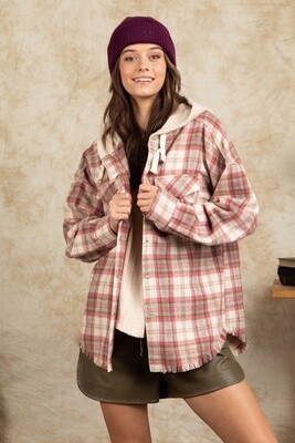 Frayed Hem Hooded Oversized Plaid Jacket