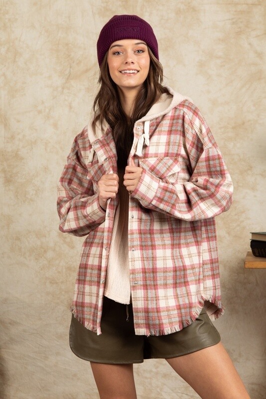 Frayed Hem Hooded Oversized Plaid Jacket