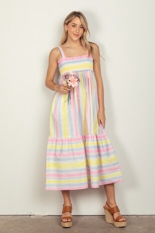 Multi Color Stripe Woven Midi Dress