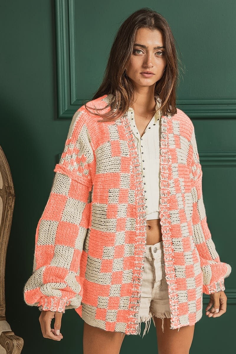 MIXED CHECK PATTERN LOOSE FIT CHUNKY CARDIGAN