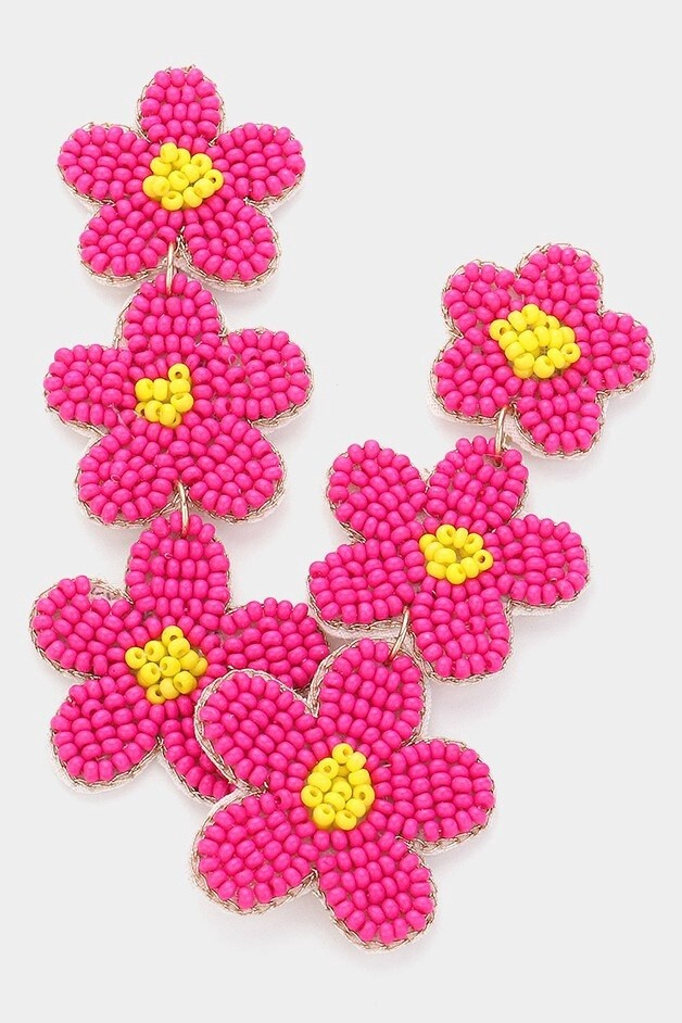 Felt Back Triple Flower Beaded Dropdown Earrings