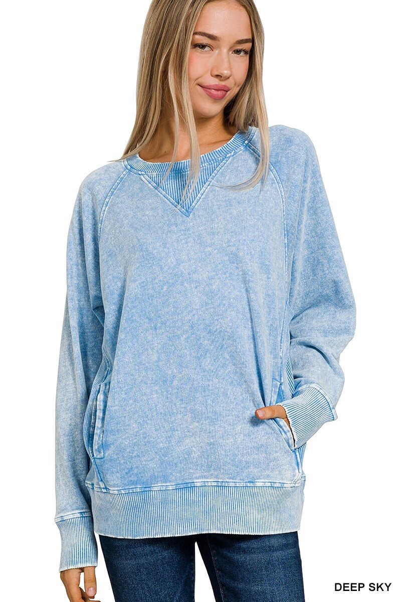 ACID WASHED FRENCH TERRY PULLOVER WITH POCKETS, Size: Small, Colour: Classic Blue