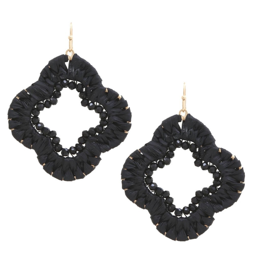 CLOVER SHAPE RAFFIA WRAPPED BEADED DANGLE EARRING, Colour: Black