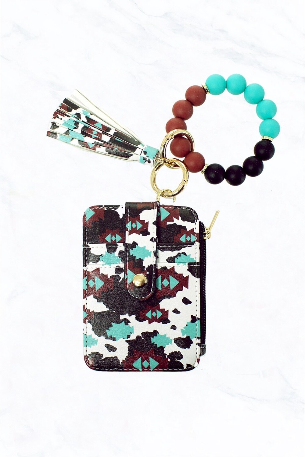 Silicone Bead Bracelet with Card Holder Keychain Vertical, Colour: Aztec